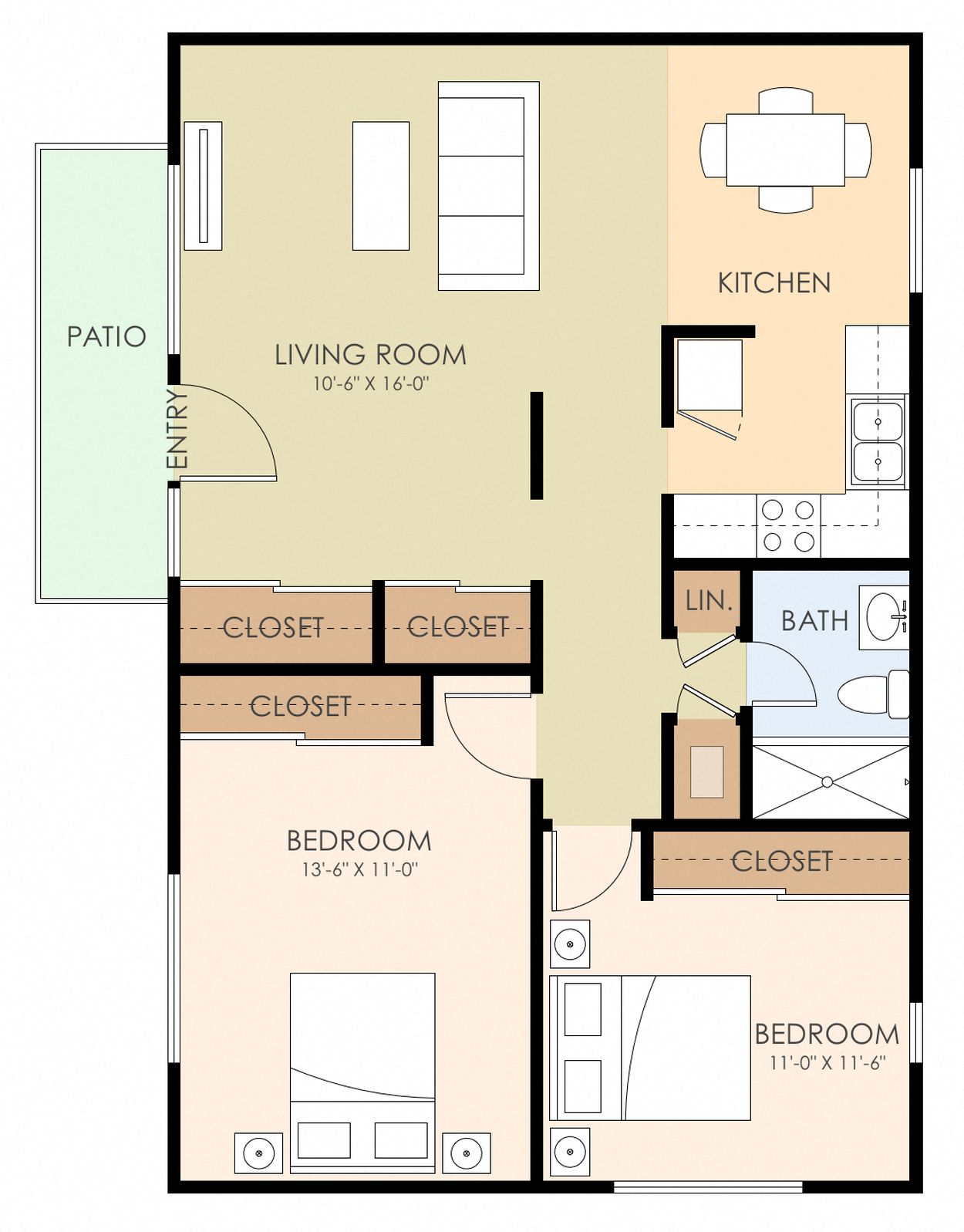 Floor plan for 2 beds, 1 bath, 806 sqft